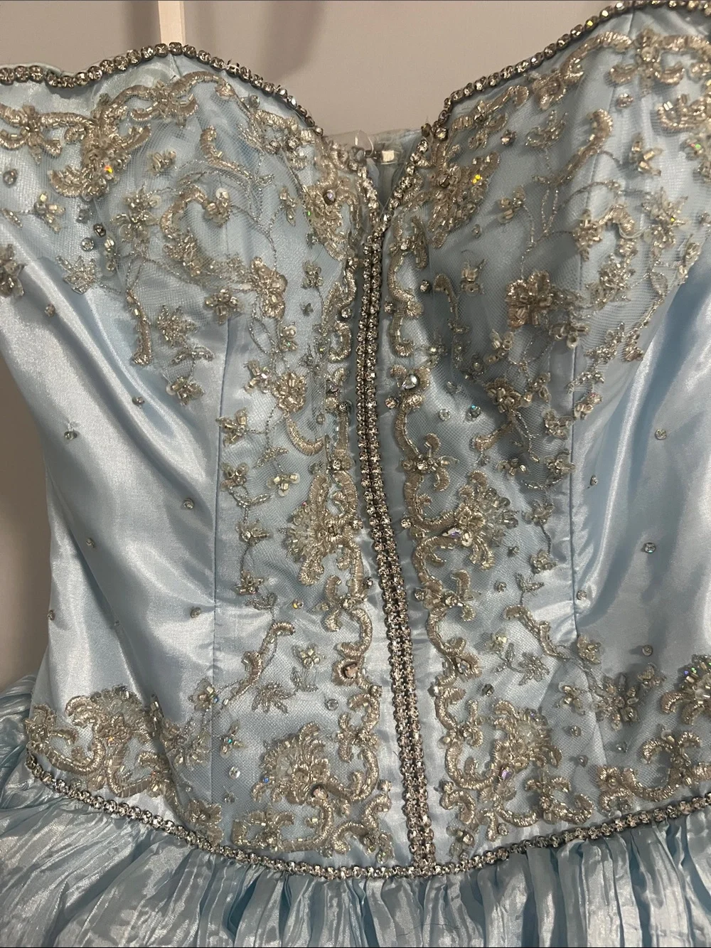 Tony Bowls Light Blue Tiered Ruffle Formal Dress with Gold Embellishment